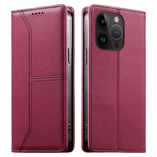 Funda tipo cartera con bloqueo RFID para iPhone 15 Pro Max cubierta magnética de cuero con tapa y soporte Rojo