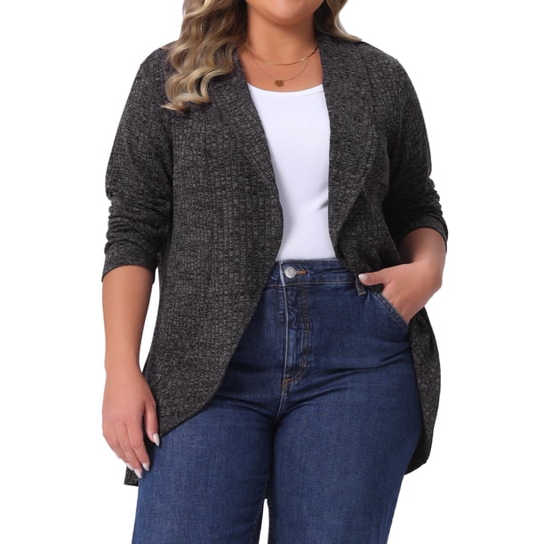 Agnes Orinda Cárdigan de Punto para Mujer Talla Grande con Solapa, Manga Larga, Frente Abierto, Dobladillo Irregular, Suéter Casual Suave, Talla 3X, Gris Oscuro