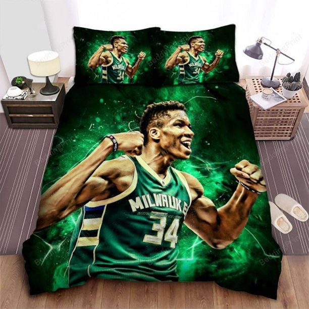 Milwaukee Bucks Giannis Antetokounmpo Showing Muscles Quilt Duvet Cover Set3-Piece Bedding Set