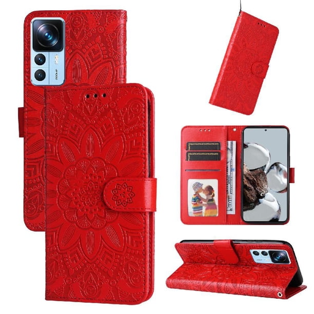 Funda tipo cartera FOXDOCK para Xiaomi 12T , diseño girasol en relieve, cuero PU, cierre magnético, soporte y tarjetero