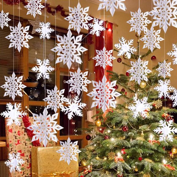 Decoración de Navidad Copos de Nieve OuMuaMua 12 Piezas 3D Blanco Brillante