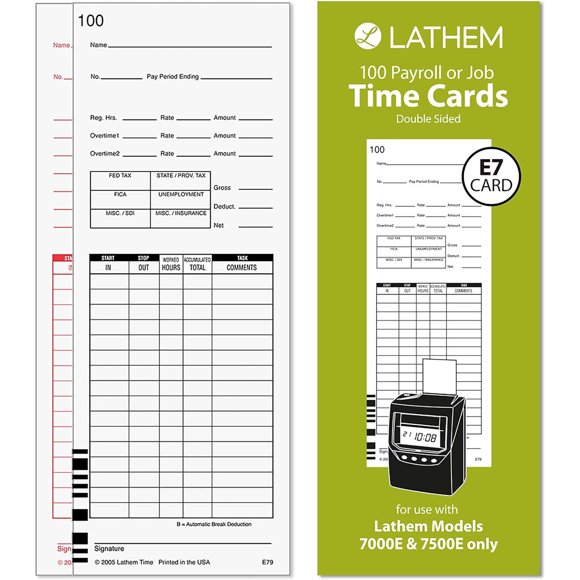 Lathem Universal PayrollJob Time Cards, White, 100 Pack E7