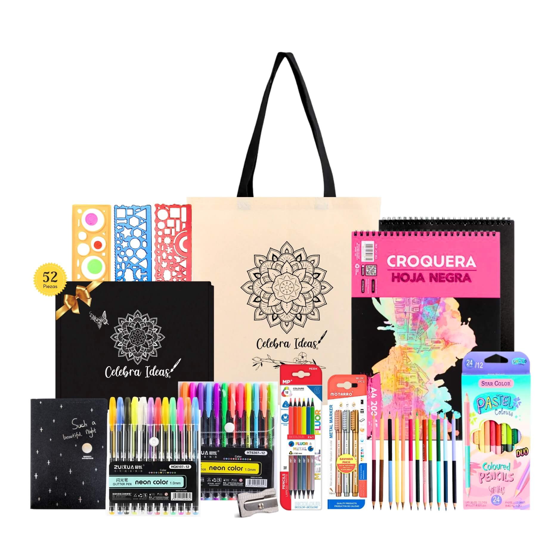 Celebra Ideas - Set Kit De Arte Dibujo En Hojas Negras Colores Metal Fluor Pastel
