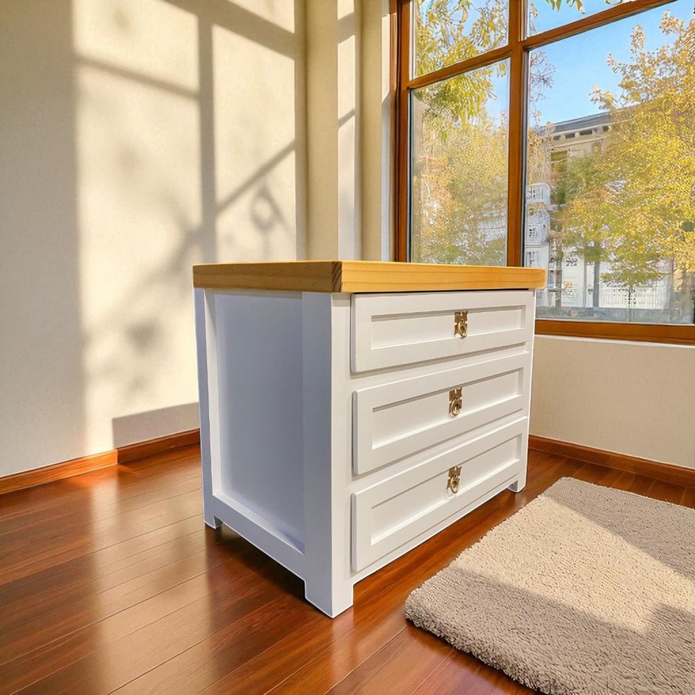 Arca Muebles - Velador De Madera 3 Cajones 50x40x60 Color Blanco Cubierta Miel