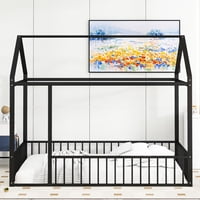 M&Ms - Full Size Metal Bed House Bed Frame With Fence, For Kids, Teens, Girls, Boys,Black