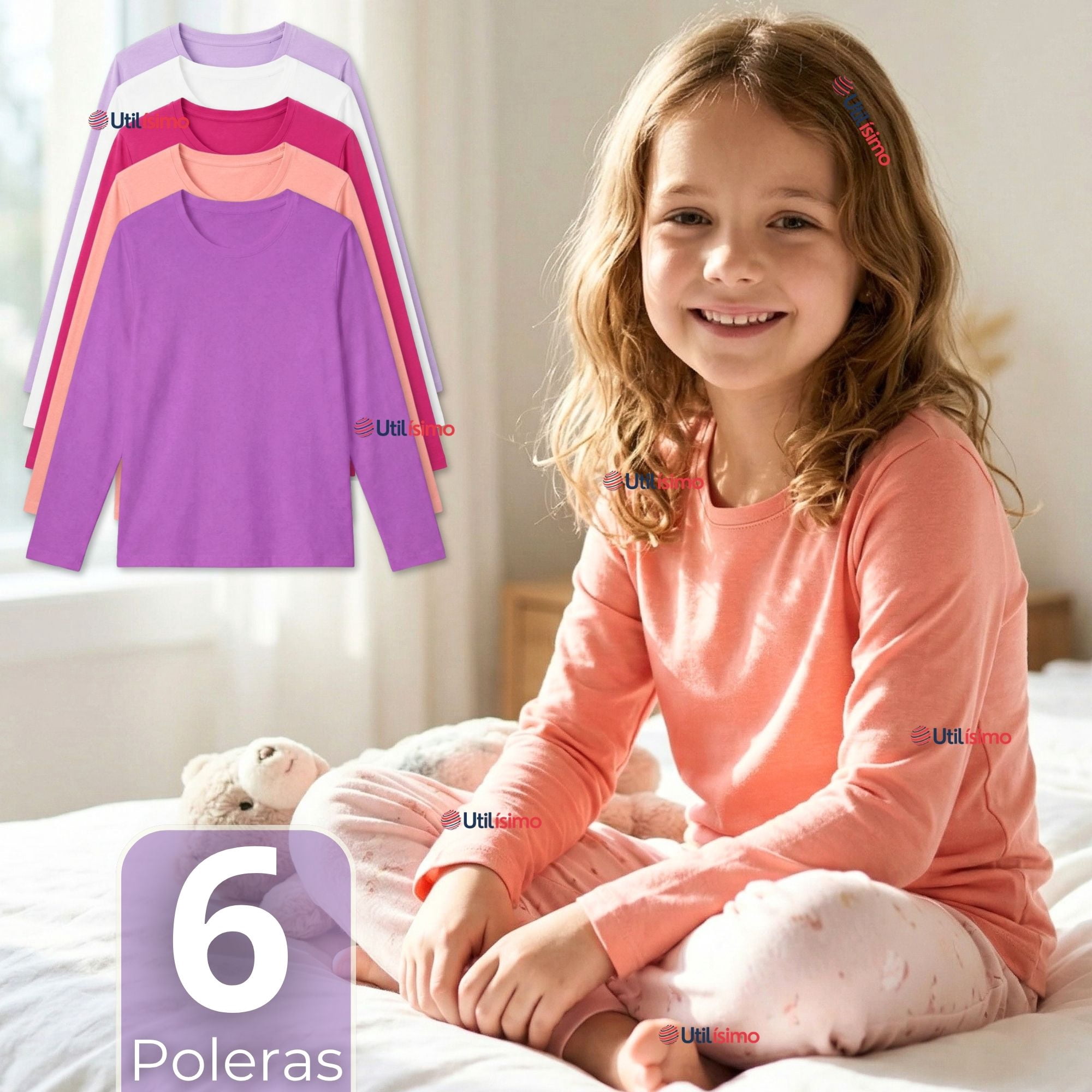 Utilisimo - Pack 6 Poleras Camisetas Polar Primera Capa Cuello Redondo Manga Larga Colores Surtido Niña