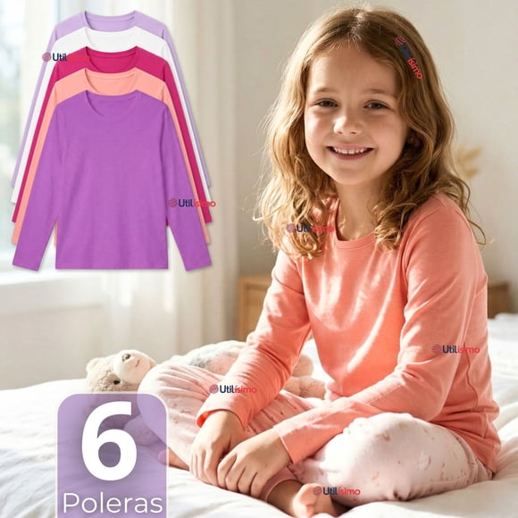 Pack 6 Poleras Camisetas Polar Primera Capa Cuello Redondo Manga Larga Colores Surtido Niña
