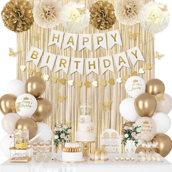 Decoración de cumpleaños blanca y dorada para mujeres y niñas con globos