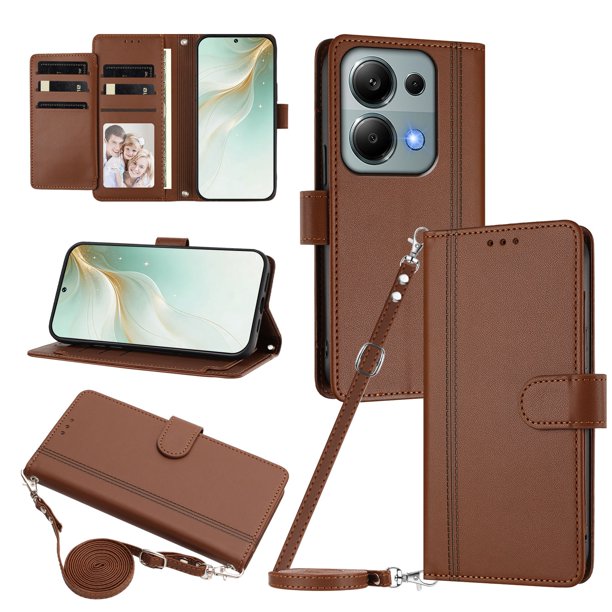 Funda Billetera Delgada para Xiaomi POCO M6 Pro 4G, Cuero Sintético, Marrón