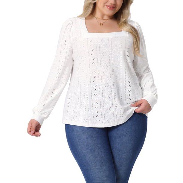 Agnes Orinda Blusas de Talla Grande para Mujer Cuello Cuadrado Manga Larga Casual Elegante Camisas con Ojal 1X Blanco