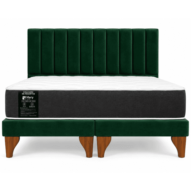 Cama 2 Plazas Completa Verde | Base Europea + Colchón Mery Desing 22CM + Respaldo Tapizado