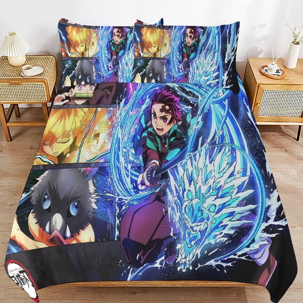 Demon-Slayer 3 PCS Comfort Set with 2 Pillowcases,Demon-Slayer Bedding Set Sheet Set for Kids Adults,All Season Lightweight Bedding Set for Bedroom Bed Dorm Decor Bed Sheets