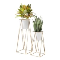 Fliperex - Set 2 Porta Maceteros Pedestal Maceta Plantas Blanco Dorados
