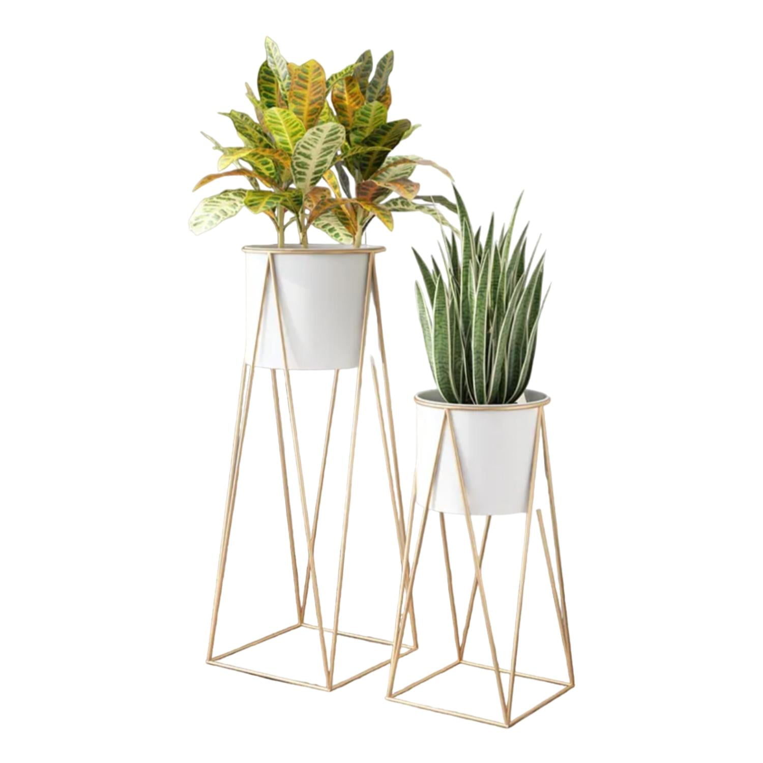 Fliperex - Set 2 Porta Maceteros Pedestal Maceta Plantas Blanco Dorados Blanco