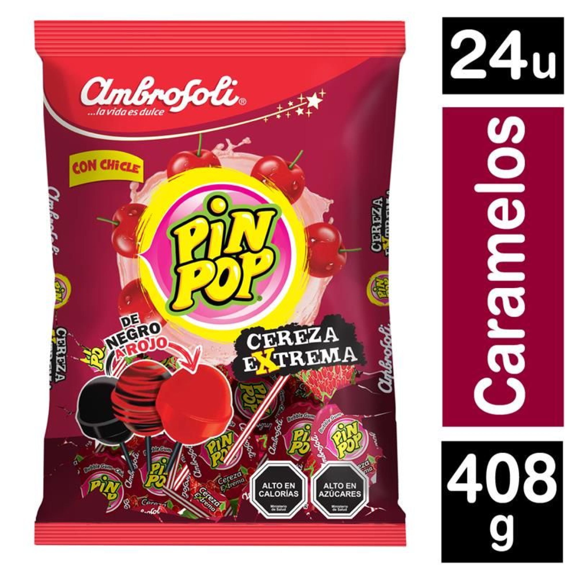 Chupete Pin Pop Cereza Extrema 24 Un 408 g Ambrosoli