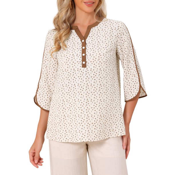 INSPIRE CHIC Camisas Florales para Mujer Camisa Abotonada de Manga 3/4 Henley Cuello en V Elegante Ajuste Suelto Blusa Casual Túnica S Beige
