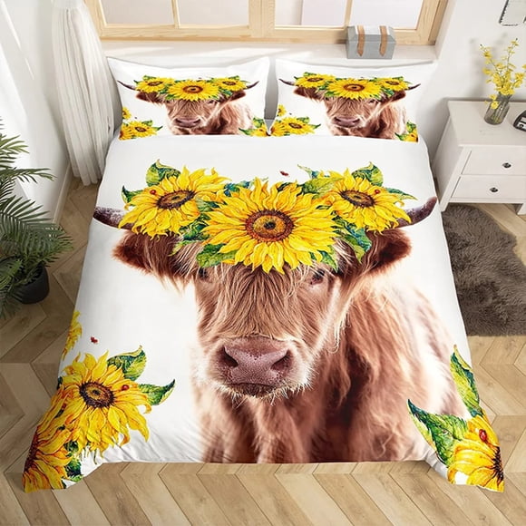 Highland Cattle Floral Cow Yellow Sunflower Animal Bedding Set Boys Girls Duvet Cover Pillowcase Bed Kids Adult