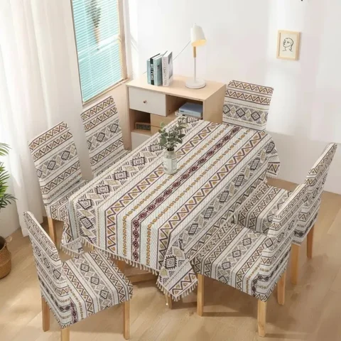 Casadeliacl - Mantel De Lino Ipermeable Con Borlas Incluye Fundas Silla Tf Geométrico Marrón Claro