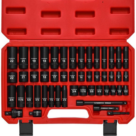 CASOMAN Juego de dados de impacto de 3/8 pulgadas, 49 piezas, estándar SAE y métrico