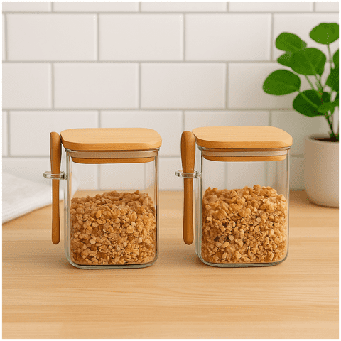 Disparo - Set 2 Frasco Contenedor 1400Ml 15Cm Cuadrado Cuchara Bambú