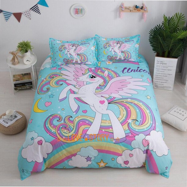 Heart Unicorn Multicolor Light Blue Quilt Duvet Cover Set Doona Cover Bed Linen3-Piece Bedding Set