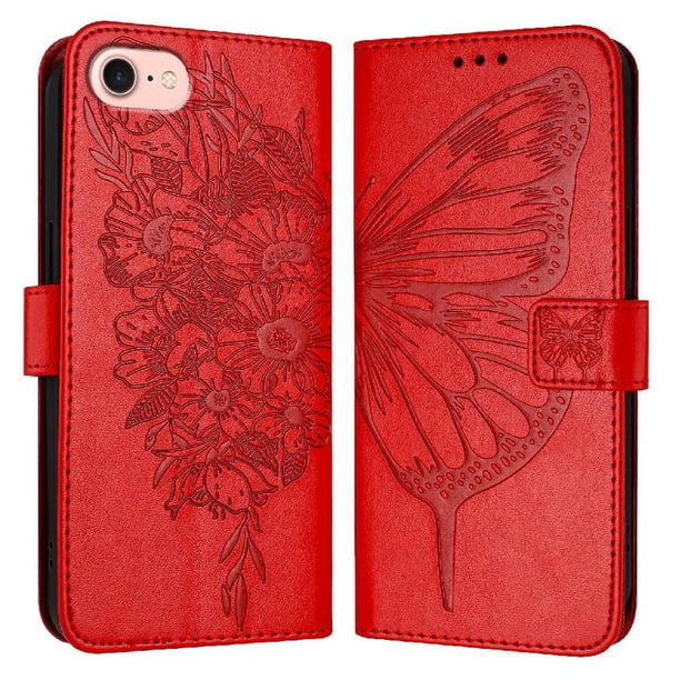 Funda cartera mariposa para iPhone 16e con soporte y ranuras para tarjetas Rojo