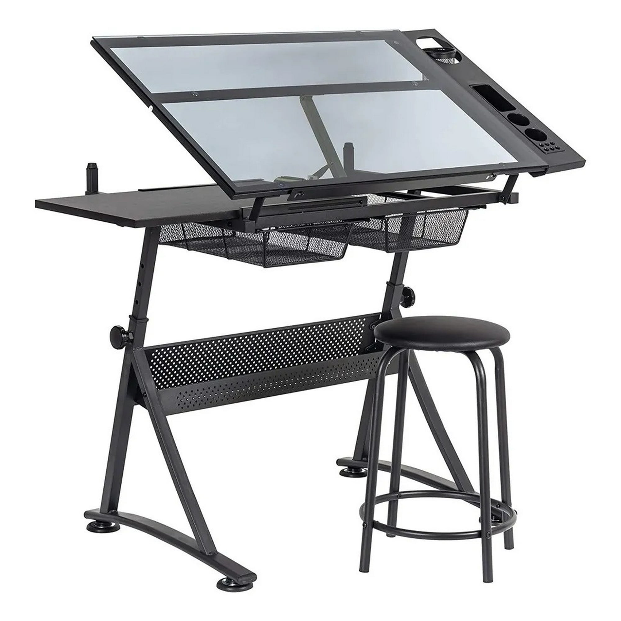 Genérica - Mesa De Dibujo Profesional Negra Tablero De Vidrio Ajustable, Incluye Un Taburete