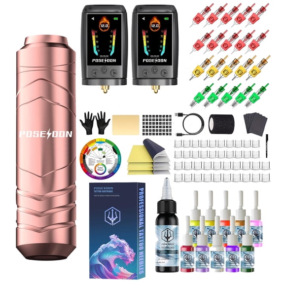 Kit de máquina de tatuar inalámbrica POSEIDON con 2 baterías y agujas