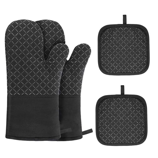 Guantes y agarraderas para horno resistentes al calor - 4 guantes de algodón y agarraderas para horno con agarre de silicona antideslizante y brazo largo