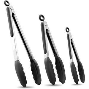 Veat00L - Pinzas De Cocina De Acero Inoxidable Con Puntas De Silicona, 7, 9 Y 12 Pulgadas, Fácil De Guardar, Negro