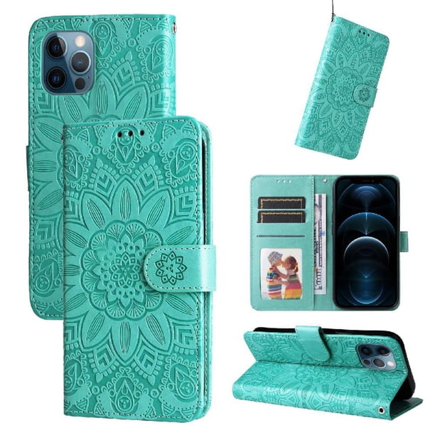 Funda tipo cartera FOXDOCK para iPhone 12 , diseño girasol en relieve, cuero PU, cierre magnético, soporte y tarjetero
