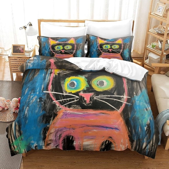 Juego De Funda Nórdica Suave Diseño De Gatos Pintados A Mano Para Niños Funda Nórdica Y Funda De Almohada Estampadas Arte Graffiti Juego De 3 Piezas Para Adultos Y Niños