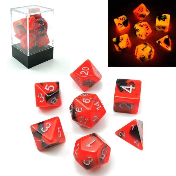 Juego de dados poliédricos Bescon HOT Rocks que brillan en la oscuridad