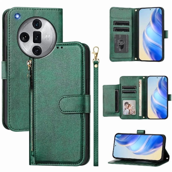 Funda tipo libro para OPPO Find X7 ultra con bolsillo con cremallera, cierre magnético, 7 ranuras para tarjetas y correa para la muñeca.