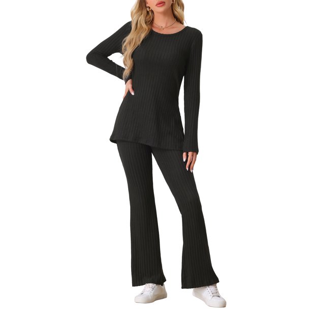 INSPIRE CHIC Conjunto de salón de punto acanalado para mujer, top de manga larga y pantalones, conjunto de pijama de dos piezas a juego XS Negro