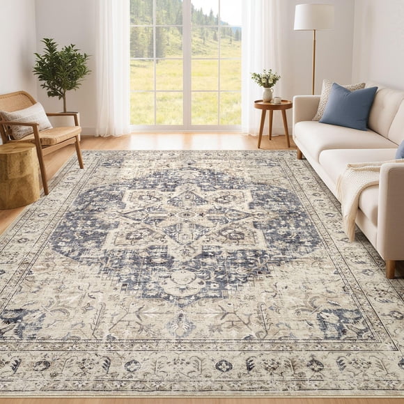 Alfombra Area Tortania, lavable, 150 x 210 cm, color azul crema oriental