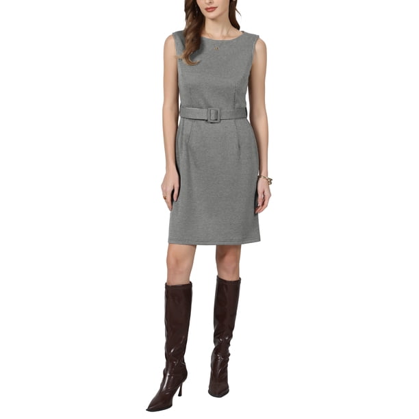 INSPIRE CHIC Vestido de Mujer a Cuadros Houndstooth Sin Mangas Cuello Barco 2026 Vestidos de Lápiz Modernos con Cinturón M Negro