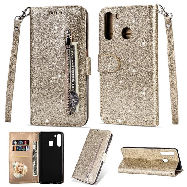 Funda para FOXDOCK Elegante funda Samsung Galaxy A21 Glitter con cremallera-Ideal para el uso diario