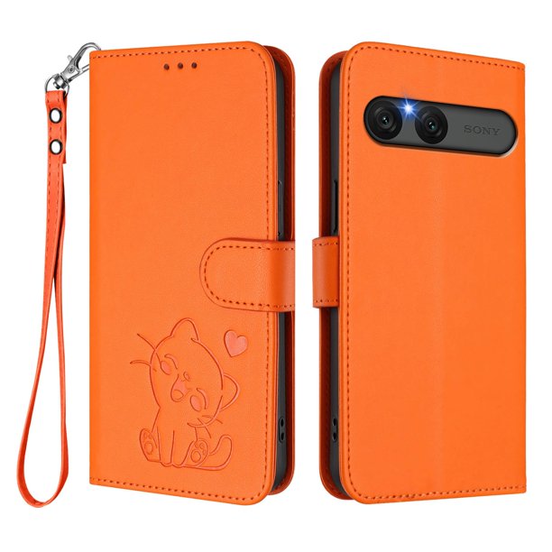 Sony Xperia 10 VII Funda Billetera con Estampado de Gato, Naranja