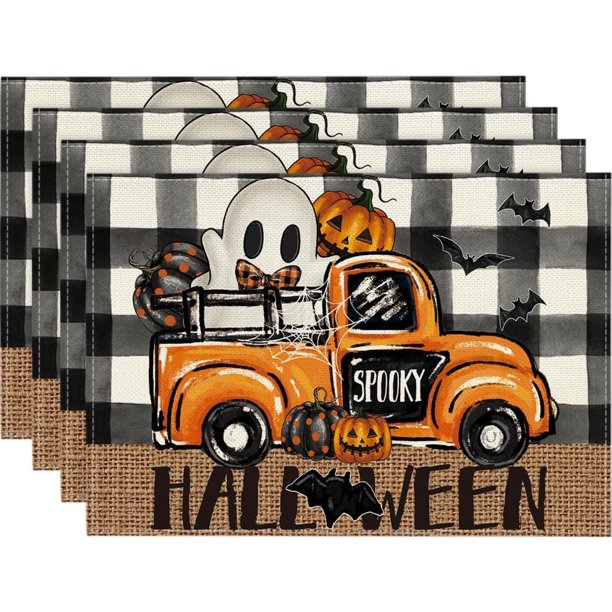 4pcs, Linen Placemats, Halloween Placemats Set Witch Pumpkin Washable Table Place Mats Trick Or Treat Autumn Table Mats For Dining Home Table Kitchen Halloween Decoration, Halloween Decor, Gift