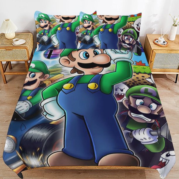 Super Mario 3-Piece Comforter Set for Bedroom Super Mario Bedding Set for Kids Adults Soft Microfiber Duvet Cover Set with Zipper Closure