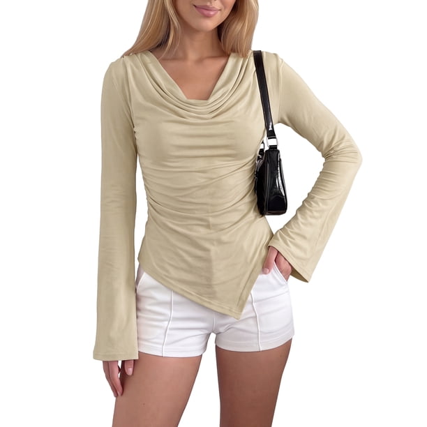 INSPIRE CHIC Blusa de Punto Ajustada Asimétrica de Mujer Y2K con Cuello de Cisne y Mangas Largas de Trompeta Camisas de Primavera Otoño para Salir Grande Caqui