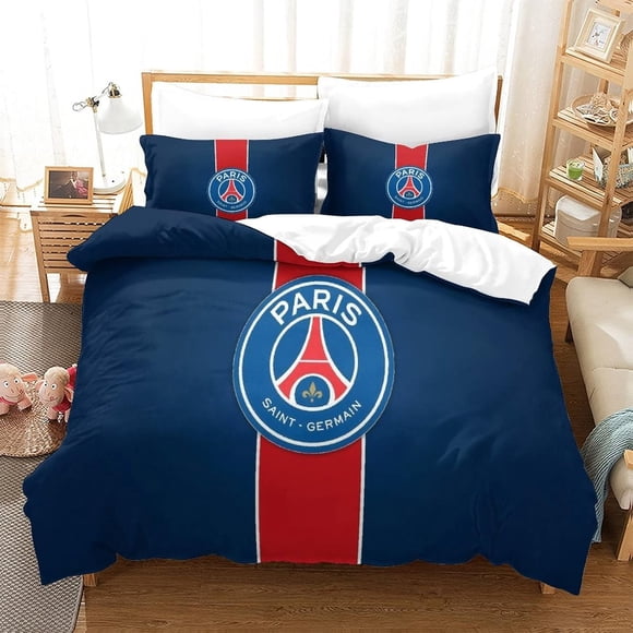 KNITII Football Club Duvet Cover, 3D Print Quilt Cover PSG Bedding Duvet Set with Pillowcases Soft Microfiber Easy Care Quilt Cover for Boys Girls Kids Bedroom King