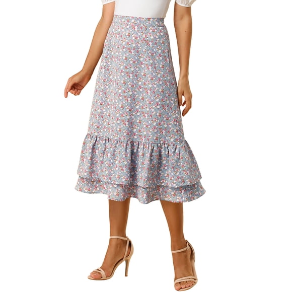 Faldas de Chifón para Mujer INSPIRE CHIC Cintura Elástica Volantes en Capas Faldas Midi Florales Azul Gris-Floral L