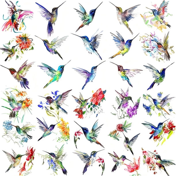 COKTAK 15 Sheets 3D Watercolor Hummingbird Temporary Tattoos - Multicolor Hummer Birds Tattoo for Women, Girls, and Kids - Waterproof and Fake Face Tattoo - Small and Colorful Flower and Fake Tattoo -