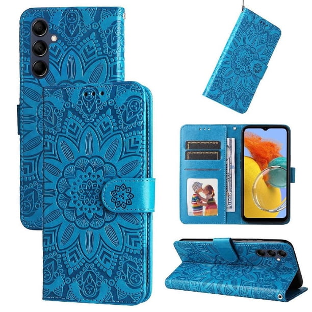 Funda tipo cartera FOXDOCK para Samsung Galaxy M14 5G , diseño girasol en relieve, cuero PU, cierre magnético, soporte y tarjetero
