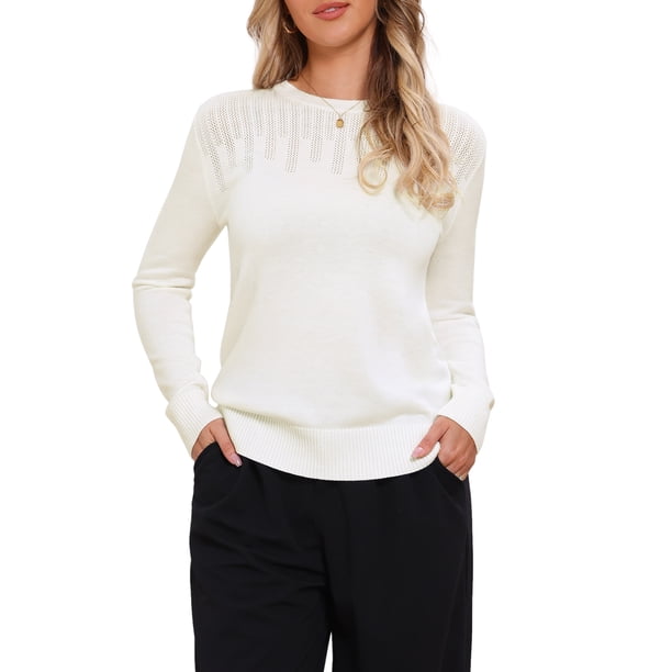 INSPIRE CHIC Suéter de Mujer Casual Cuello Redondo Calado Otoño Invierno Suéter Suelto L Blanco