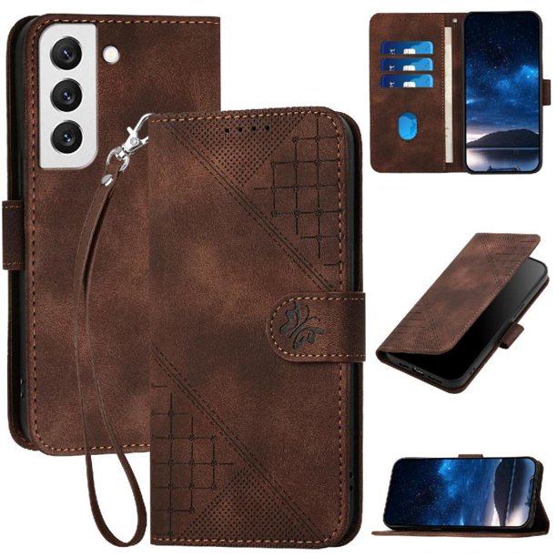 Funda Flip Premium Fibra de Carbono para Samsung Galaxy S22 con Soporte y Cierre Marrón