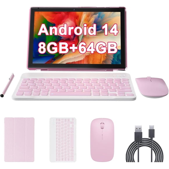 Tablet Bnegynng YQ10S 10 8GB 64GB Android 14 Teclado Rosado