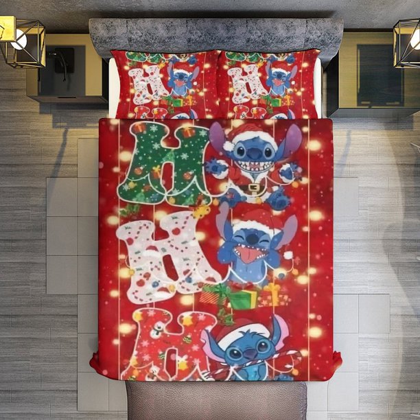 Merry Christmas Stitch 3 Piece Sets Full/Queen Size - Reversible Microfiber Quilts with Shams Soft Lightweight Bedspread Coverlet Comforter for All Season Bed Sheets